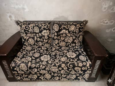 Complete 6-Seater Sofa Set | Black & Gold Floral Fabric | Solid Wood