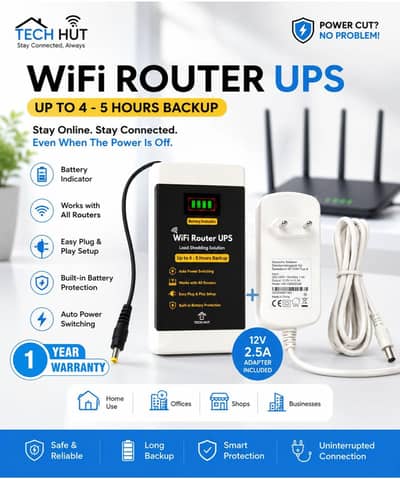 WiFi Router UPS - 4 to 5 Hours backup with 12 V  2.5 Ampere Adapter