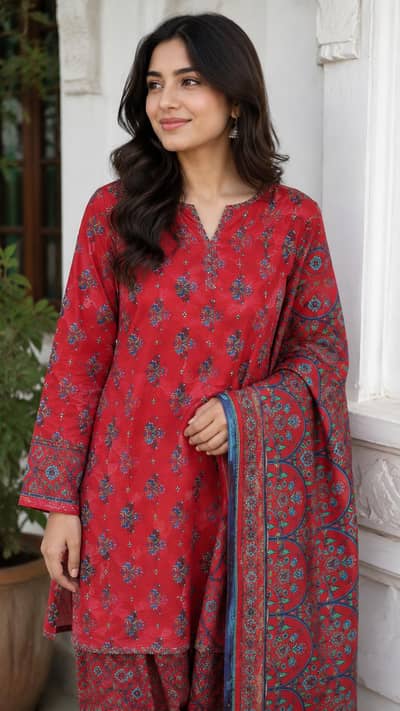 J. red color 2pc unstitched suit for womam