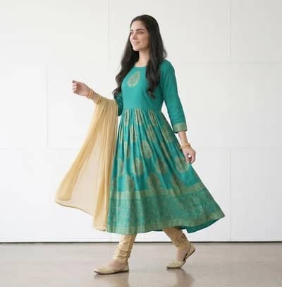 Turquoise block printer Arabic Lawn 3 Pcs Maxi Set