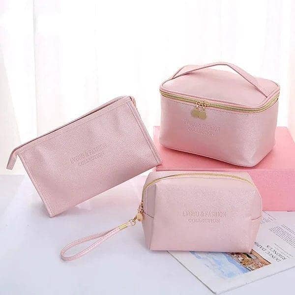 Pack of 3 Female Multifunction Women Cosmetic Bag leather Texture Makeup Pouch Cute Makeup Bag ravel Toiletry Storage Organize Handbag Waterproof Female Makeup Case PU Leather Zipper Make Up Bag Soft Leather Makeup Bag