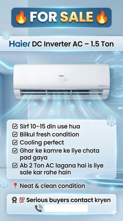 Haier DC Inverter AC 1.5 Ton – Almost New (10-15 Days Used)