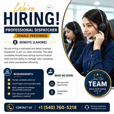 Professional Dispatcher Required || Female  (Remote Jobs) Lahore