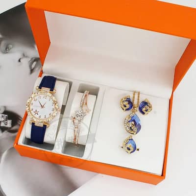 High-End Jewelry Set for Women with Blue Stones & Blue Watch