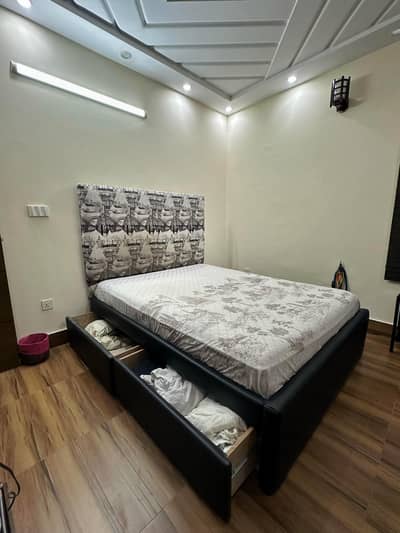 Queen Size Bed with Built-in Storage Drawers and Designer Headboard
