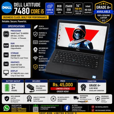 Dell Latitude 7480 Core i5 6th Gen 8GB RAM 256GB SSD 14' FHD Laptop