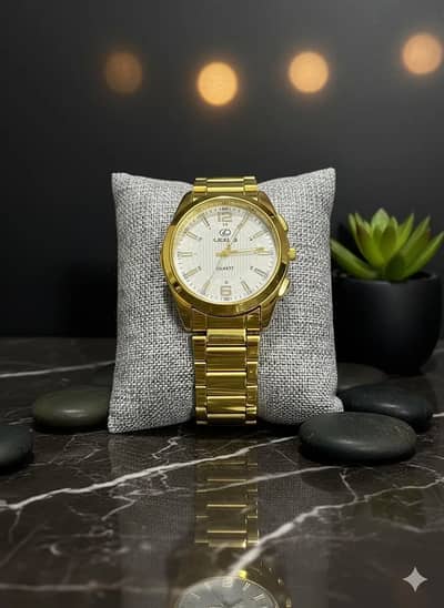 Luxury Gold Stainless Steel Men’s Watch – Elegant Green Dial Wrist Wat