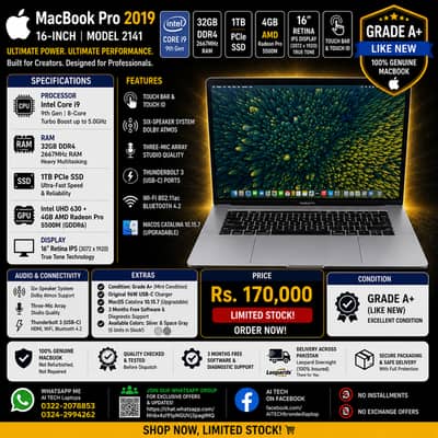 MacBook Pro 2019 Core i9 9th Gen 32GB RAM 1TB SSD 04GB AMD GPU 5500M