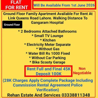 New Ground Floor Family Flat For Rent Near Gangaram Hospital Lahore