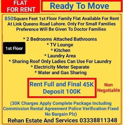 1st Floor Family Flat For Rent At Link Queens Road Lahore