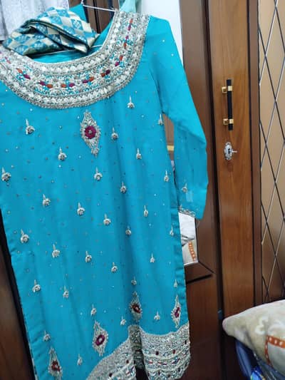 Sky Blue Pure Chiffon Handwork Suit Set - 3pc - New Unworn