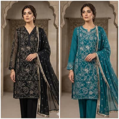 Ladies 3 Piece Fancy Suit Collection | Black Organza Suit | Blue Lawn