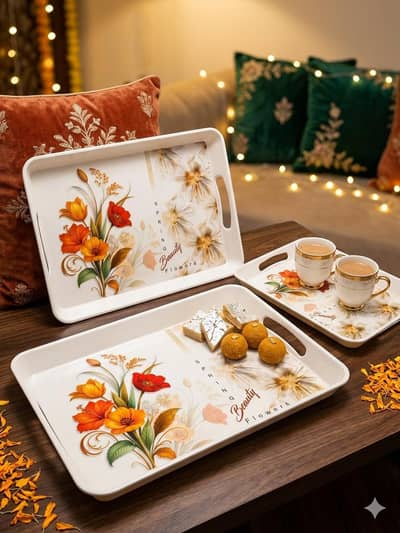 Decorative Floral Serving Tray Set – 3 Pcs (L/M/S)