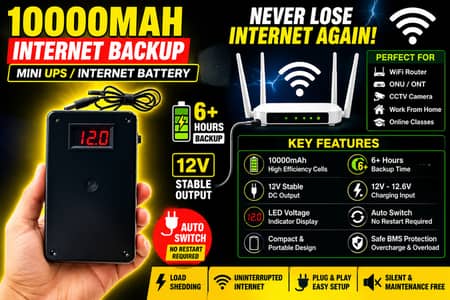 WiFi Router UPS 10000mAh | 12V Internet Battery Backup | 6+ Hours
