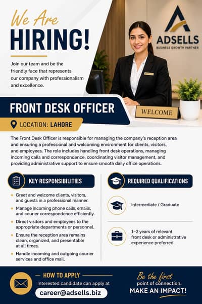 Front Desk Officer Required – Lahore