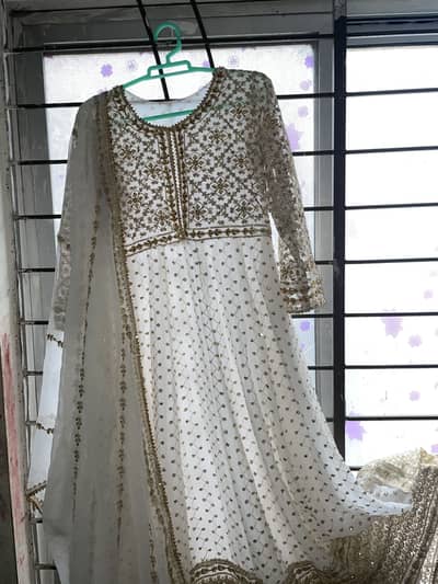 Elegant White & Gold Embroidered Girls Maxi Dress with Dupatta
