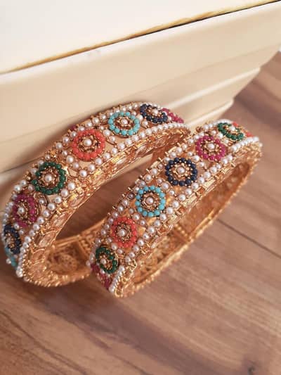 Gold plated Kara bangle with multi zircon stones