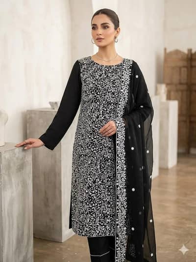 Black Chikankari Embroidered Cotton Lawn 3-Pc Suit