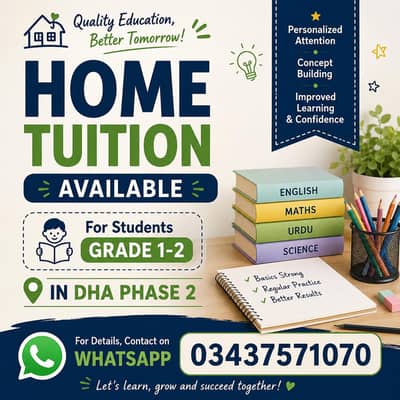 Home Tuition Available for Grade 1-2 Students in DHA Phase 2
