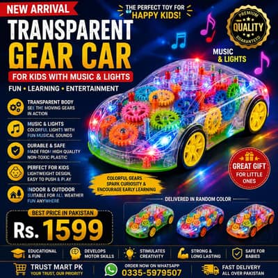 Transparent Gear Car Toy With Music & Lights For Kids