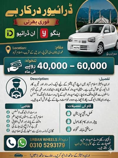 Driver Required  | indrive yanngo | Urgent  Hiring | jobs in Islamad