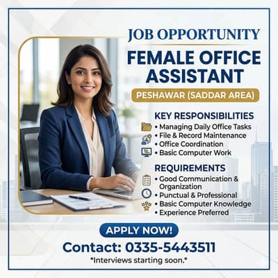 Female Office Assistant Required – Peshawar Saddar | Female Jobs