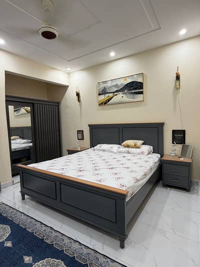 Habitt - Wallnut Wood Bedset. Bed, Side Tables, Dressing. Bluish Grey.