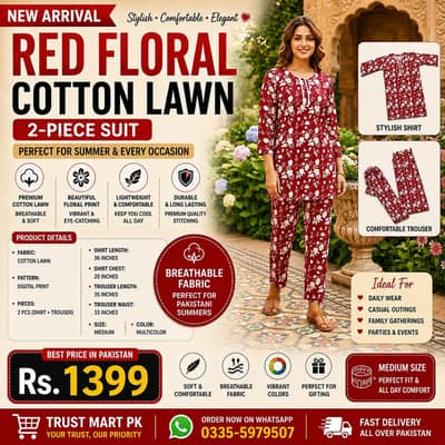 Red Floral Cotton Lawn 2-Piece Suit Medium