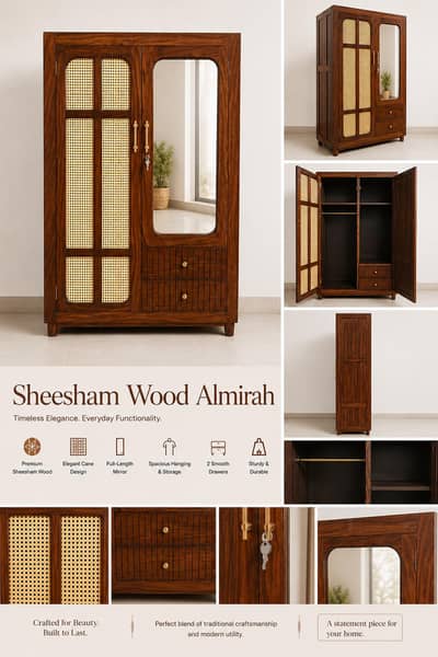 Brand New Solid Sheesham Wood Almirah with Elegant Cane Design & Mirro