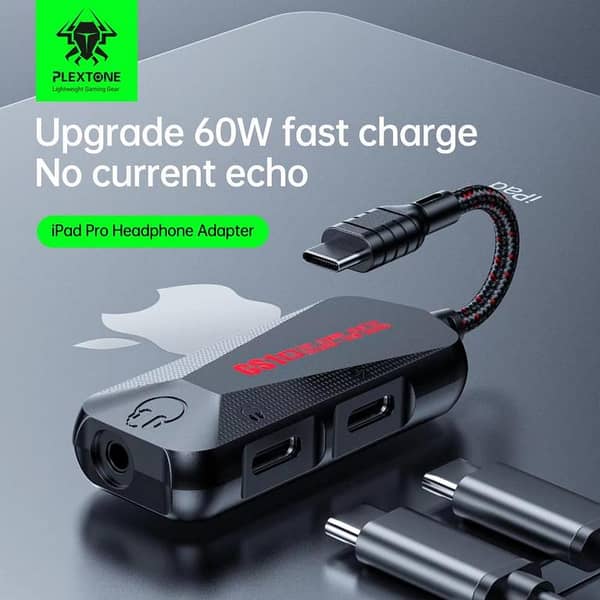 Plextone GS1, 3 in 1 Type-C Gaming Adapter, USB-C to USB-C/3.5mm Audio Converter with 60W Charging, for iPhone/iPad/MacBook
