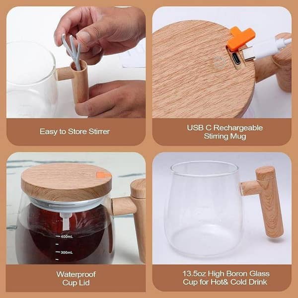 Wooden Design Automatic Self-Stirring Coffee Mug – One Click Electric Mixing Glass Cup