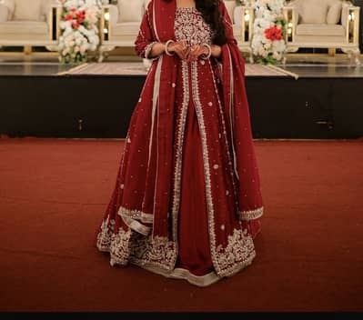 Sheesha silk wedding frock in red type color