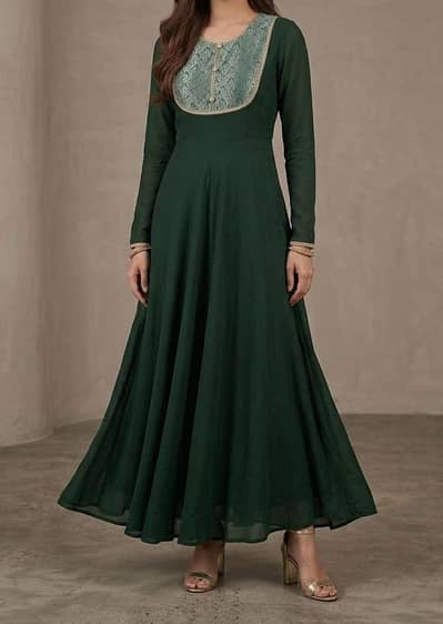 dark green long length stiched frok with golden dupatta