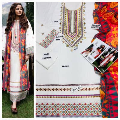 3-Piece Lawn Suit | Embroidered Front + Sleeves + Bamber Dupatta