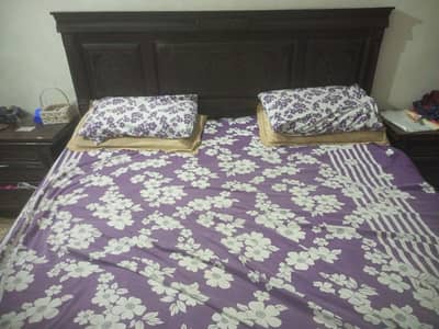 Fully wooden double bed for sale with two side table