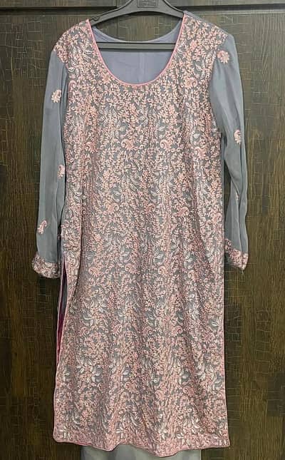 Elegant Grey & Pink Embroidered Shalwar Kameez [ Ready to wear]