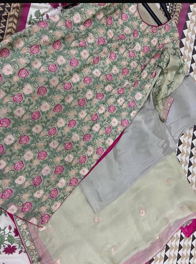 Elegant Mint Green 3 Piece Embroidered Dress
