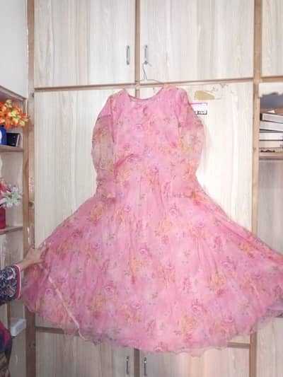 Pink floral 2 piece set organza dupatta + flare frok