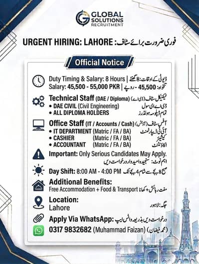 Urgent Hiring: Office & Technical Staff Required in Lahore.