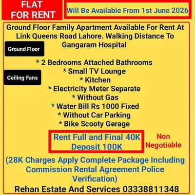 New Ground Floor Family Flat For Rent Near Gangaram Hospital Lahore