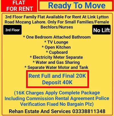 3rd Floor Family Flat For Rent At Link Lytton Road Mozang Lahore