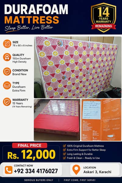 Durafoam Mattress 78x60x6 – Brand New | 14 Years Warranty