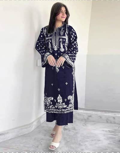 women's blue embroidery lawn suit 2pc