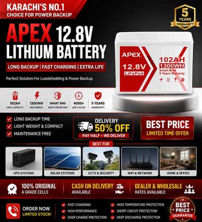 Apex 1.3KW IP65 Li Battery 12.8V 102Amp 8000 Cycles 5 Year Replacement
