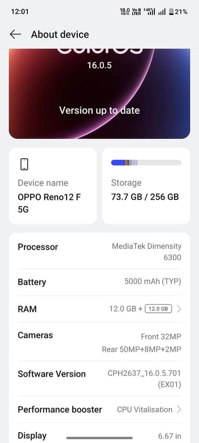 Oppo Reno 12F 5G  Orange Color 256/12+12 Front Finger