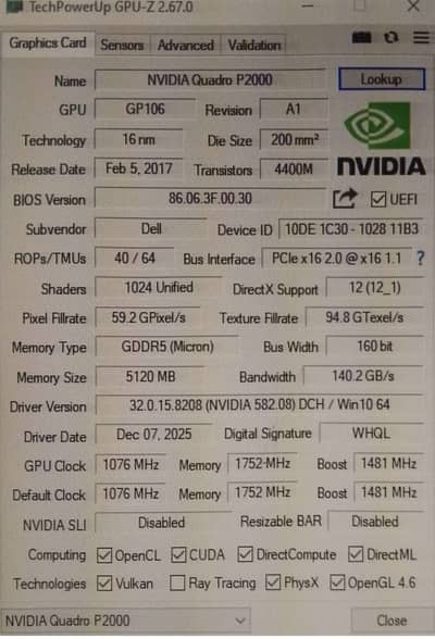 NVIDIA Quadro P2000 5GB GDDR5 GPU – Excellent Condition