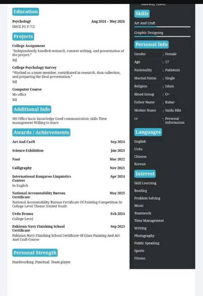CV Maker . ager kisi na CV bnwani ha to message kra.