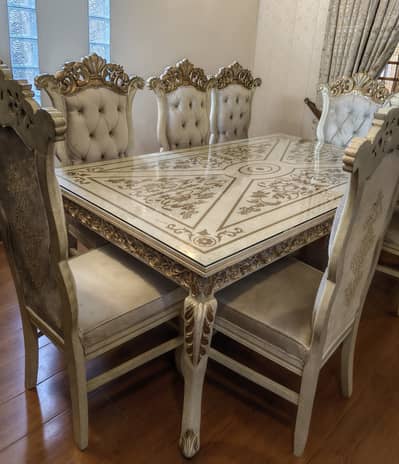 Ornate 8-Seater Luxury Dining Set - Cream Velvet & Gold - Barely Used