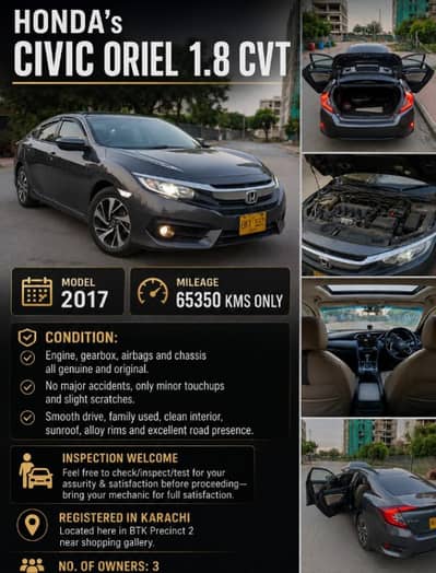 HONDA CIVIC VTI ORIEL 1.8 CVT 2017 In premium condition! (Family Used)