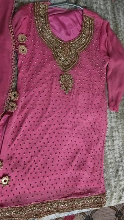 pink heavy embroided chiffon 3 peice dress . shirt. , trouser, dupatts.